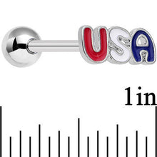 Load image into Gallery viewer, Red White and Blue Text Celebrate All Day USA Barbell Tongue Ring
