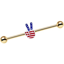 Load image into Gallery viewer, Gold Anodized Red White Blue Hand Peace Sign Industrial Barbell 38mm
