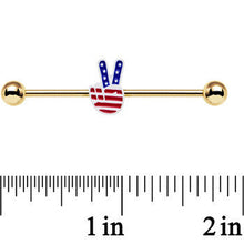 Load image into Gallery viewer, Gold Anodized Red White Blue Hand Peace Sign Industrial Barbell 38mm
