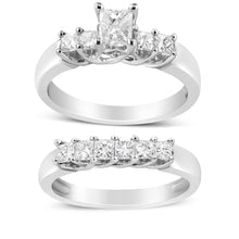 Load image into Gallery viewer, 14K White Gold 1 1/2 Cttw 5 Stone Princess Diamond Engagement Wedding Ring Set (H-I Color, SI2-I1 Clarity) - Ring Size 7
