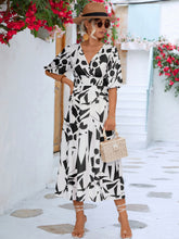 Load image into Gallery viewer, Black White Printed Balloon Sleeve Dress Elegant &amp; Chic Casual Wear For Summer
