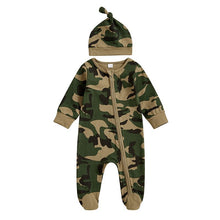 Load image into Gallery viewer, Newborn Baby Girls Boys Camouflage Military Deisgn Romper Infant Cute Zipper Casual Jumpsuit Hairband Hat Set Clothes For Girls And Boys
