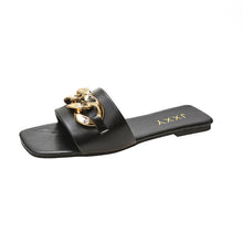 Load image into Gallery viewer, Women Sandals Design Gold Chain Closed Toe Slip On Mules Shoes Flat Heels Square Head Casual Slides Summer Slippers Open Toe Flat Sandals Metal Chain PU Leather Slides Shoes
