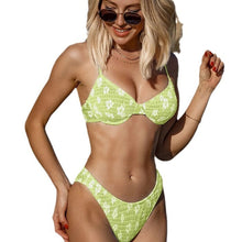 Load image into Gallery viewer, Bikini Ditsy Floral Tie Front Bandeau V Neck 2 Piece Swimsuit for Women – High Cut Cheeky Bikini Set with Hollow Out Detail and Stretchy Polyamide Fabric – Flirty Summer Beachwear for Poolside Style and Tropical Getaways
