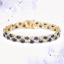 Load image into Gallery viewer, 14K Yellow Gold Plated 12.53 Carat Genuine Blue Sapphire and White Diamond .925 Sterling Silver Bracelet
