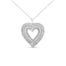 Load image into Gallery viewer, .925 Sterling Silver 1 1/4 Cttw Round and Baguette-Cut Diamond Composite Heart 18" Pendant Necklace (I-J Color, I1-I2 Clarity)
