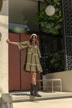 Load image into Gallery viewer, Tassel Contrast Trim Tie Neck Half Sleeve Tiered Dress – Bohemian Tassel Details, Contrast Trim, and Tiered Design for a Flowing, Feminine Look
