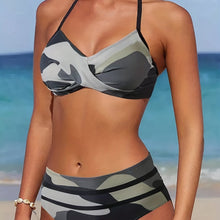 Load image into Gallery viewer, Bikini Camo Print 2 Piece High Cut Halter Swimsuit for Women – Vibrant V Neck Backless Bikini Set with Ruched Detail – Comfortable Stretchy Swimwear for Beach Pool and Summer Vacation
