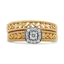 Load image into Gallery viewer, 14K Yellow Gold Plated .925 Sterling Silver 1/5 Cttw Diamond Halo and Milgrain Finish Engagement Ring Bridal Set (I-J Color I3 Clarity) - Size 7
