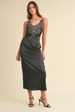 Load image into Gallery viewer, Embroidered Cami Satin Midi Slit Dress – Satin Dress, Sexy, Flattering, Embroidered Dress, Cami Style Dress, Midi Dress, Slit Detail Dress, Elegant Satin Dress
