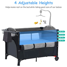 Load image into Gallery viewer, 6-in-1 Foldable Baby Crib with Activity Center Diaper Changing Table
