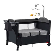 Load image into Gallery viewer, 6-in-1 Foldable Baby Crib with Activity Center Diaper Changing Table
