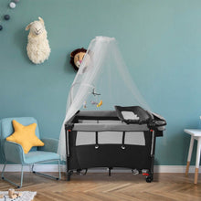 Load image into Gallery viewer, 6-in-1 Foldable Baby Crib with Activity Center Diaper Changing Table
