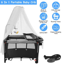Load image into Gallery viewer, 6-in-1 Foldable Baby Crib with Activity Center Diaper Changing Table
