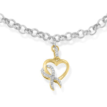 Load image into Gallery viewer, 10K Yellow Gold 1/10 Cttw Diamond Awareness Ribbon &amp; Heart Charm on 7" .925 Sterling Silver Rolo Bracelet (H-I Color, I1-I2 Clarity)
