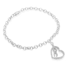 Load image into Gallery viewer, .925 Sterling Silver 1/4 Cttw Diamond-Accented Heart and Ribbon Charm 7" Link Chain Bracelet (H-I Color, I1-I2 Clarity)
