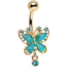 Load image into Gallery viewer, Aqua Glitter Gem Gold Anodized Butterfly Drop Dangle Belly Ring
