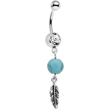 Load image into Gallery viewer, Clear Gem Faux Turquoise Freedom Feather Dangle Belly Ring
