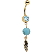 Load image into Gallery viewer, Faux Turquoise Gold Anodized Freedom Feather Dangle Belly Ring

