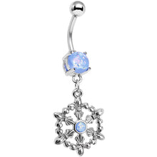 Load image into Gallery viewer, Light Blue Faux Opal Fleur de Lis Hoop Dangle Belly Ring
