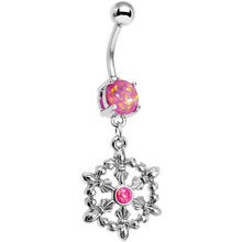 Load image into Gallery viewer, Pink Faux Opal Fleur de Lis Hoop Dangle Belly Ring
