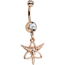 Load image into Gallery viewer, Clear Gem Rose Gold Anodized Heralds Staff Trinity Dangle Belly Ring

