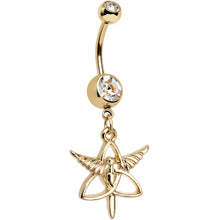 Load image into Gallery viewer, Clear Gem Gold Anodized Heroic Heralds Staff Trinity Dangle Belly Ring
