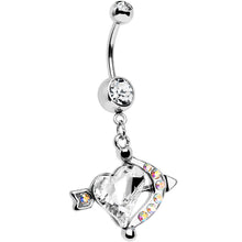 Load image into Gallery viewer, Clear Aurora Gem Cupids Aim Arrow and Heart Dangle Belly Ring
