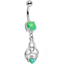 Load image into Gallery viewer, Green Faux Opal Trinity Claddagh Dangle Belly Ring
