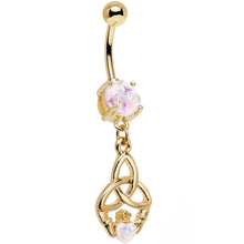 Load image into Gallery viewer, White Faux Opal Gold Anodized Trinity Claddagh Dangle Belly Ring
