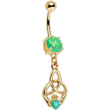 Load image into Gallery viewer, Green Faux Opal Gold Anodized Trinity Claddagh Dangle Belly Ring

