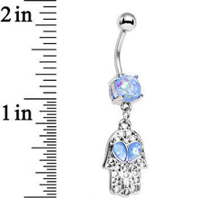 Load image into Gallery viewer, Light Blue Faux Opal Hamsa Hand and Heart Dangle Belly Ring
