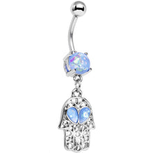 Load image into Gallery viewer, Light Blue Faux Opal Hamsa Hand and Heart Dangle Belly Ring
