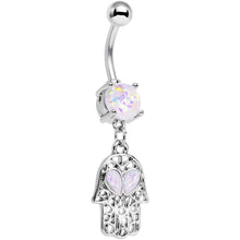 Load image into Gallery viewer, White Faux Opal Hamsa Hand and Heart Dangle Belly Ring
