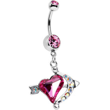 Load image into Gallery viewer, Pink Aurora Gem Cupid Kiss Arrow and Heart Dangle Belly Ring
