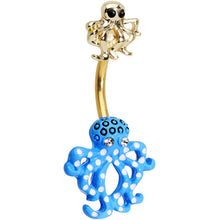 Load image into Gallery viewer, Clear Black Gem Gold PVD Gold and Blue Octopus Double Mount Belly Ring

