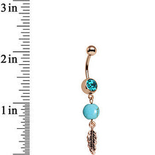 Load image into Gallery viewer, Aqua Gem Rose Gold Anodized Faux Turquoise Feather Dangle Belly Ring
