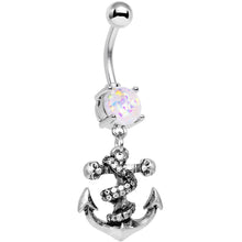 Load image into Gallery viewer, White Faux Opal Pirate Skull Nautical Anchor Dangle Belly Ring
