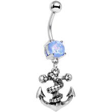 Load image into Gallery viewer, Light Blue Faux Opal Pirate Skull Nautical Anchor Dangle Belly Ring

