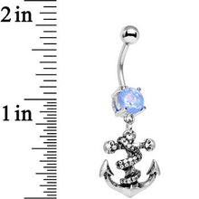 Load image into Gallery viewer, Light Blue Faux Opal Pirate Skull Nautical Anchor Dangle Belly Ring
