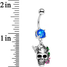 Load image into Gallery viewer, Blue Faux Opal Beautiful Butterfly Rose Flower Skull Dangle Belly Ring
