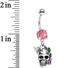 Load image into Gallery viewer, Pink Faux Opal Beautiful Butterfly Rose Flower Skull Dangle Belly Ring

