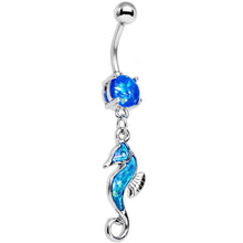 Load image into Gallery viewer, Blue Faux Opal See You Later Seahorse Dangle Belly Ring
