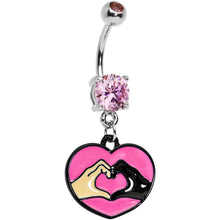 Load image into Gallery viewer, Pink Gem Coexist Pink Unity Heart Hands Dangle Belly Ring
