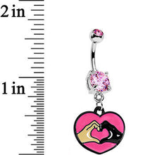 Load image into Gallery viewer, Pink Gem Coexist Pink Unity Heart Hands Dangle Belly Ring

