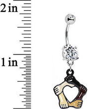 Load image into Gallery viewer, Clear Gem Coexist No Boundaries Linking Arms Heart Dangle Belly Ring
