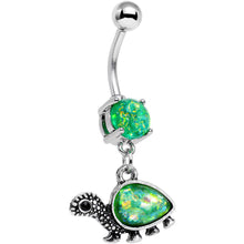 Load image into Gallery viewer, Green Faux Opal Traipsing Turtle Dangle Belly Ring
