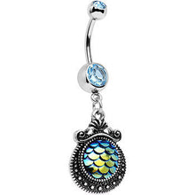 Load image into Gallery viewer, Aqua Gem Iridescent Blue Green Mermaid Scales Dangle Belly Ring
