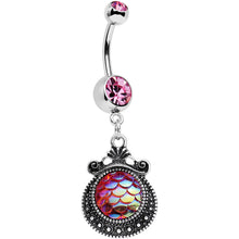 Load image into Gallery viewer, Pink Gem Iridescent Purple Mermaid Scales Dangle Belly Ring

