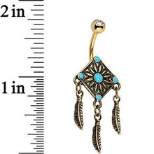 Load image into Gallery viewer, Faux Turquoise Gold Anodized Aztec Feather Dangle Belly Ring

